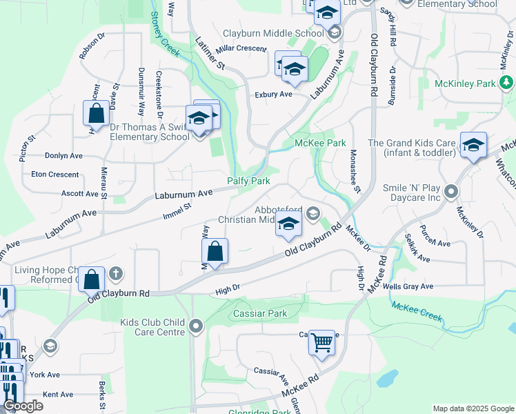 map of restaurants, bars, coffee shops, grocery stores, and more near 34942 Mount Blanchard Drive in Abbotsford