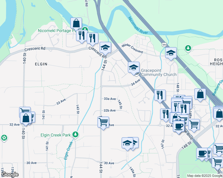map of restaurants, bars, coffee shops, grocery stores, and more near 14450 34 Avenue in Surrey