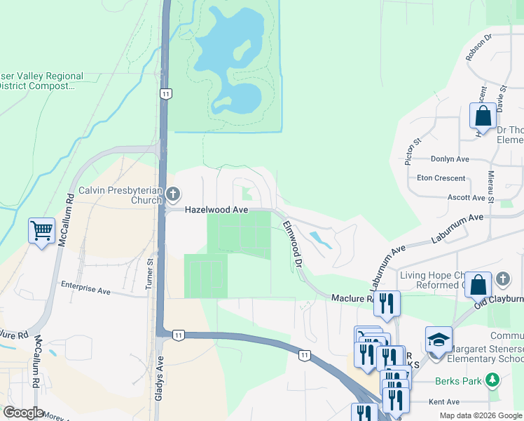 map of restaurants, bars, coffee shops, grocery stores, and more near Hazelwood Avenue in Abbotsford