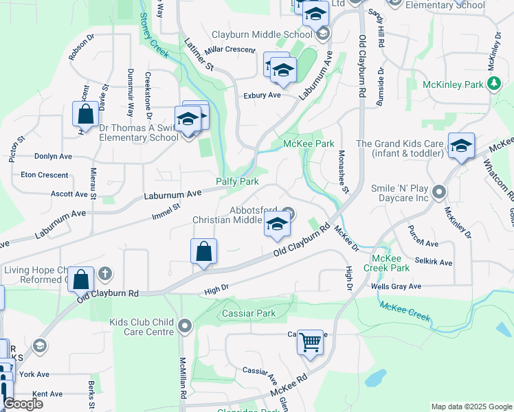 map of restaurants, bars, coffee shops, grocery stores, and more near 34962 Mount Blanchard Drive in Abbotsford