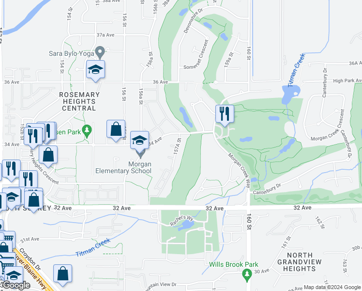 map of restaurants, bars, coffee shops, grocery stores, and more near 3360 157A Street in Surrey