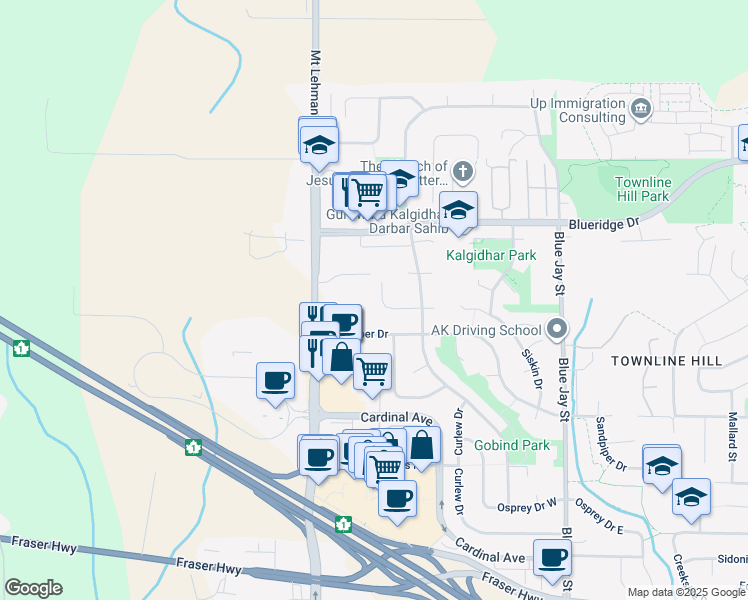 map of restaurants, bars, coffee shops, grocery stores, and more near 30516 Robin Drive in Abbotsford