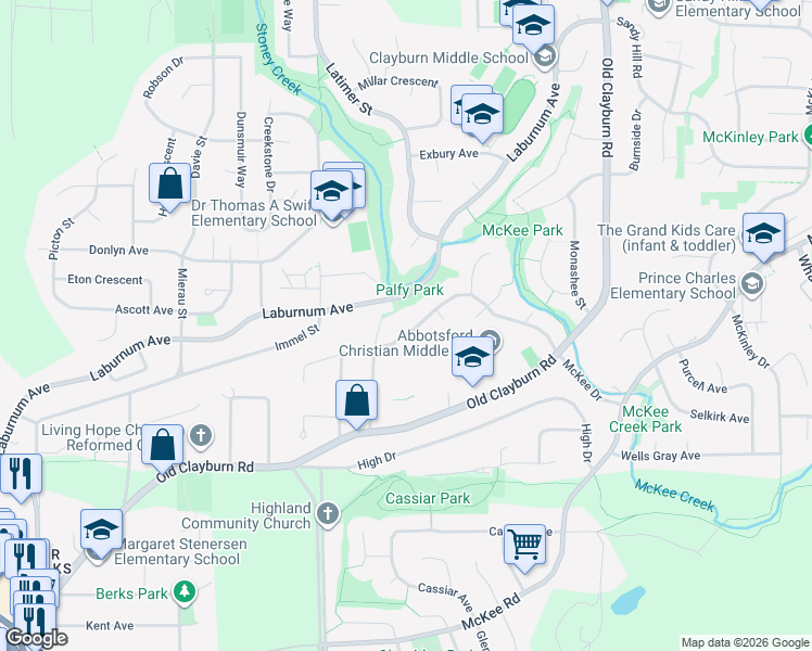 map of restaurants, bars, coffee shops, grocery stores, and more near 34931 Mount Blanchard Drive in Abbotsford