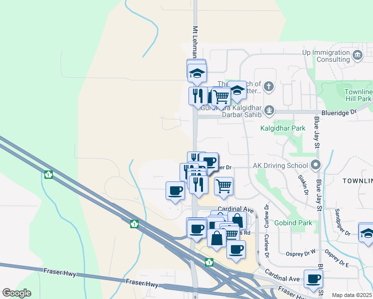 map of restaurants, bars, coffee shops, grocery stores, and more near 3386 304 Street in Abbotsford