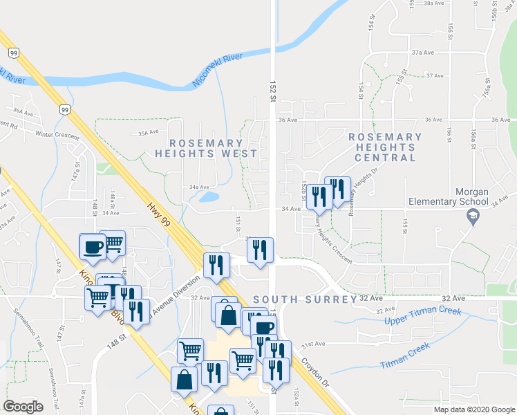 map of restaurants, bars, coffee shops, grocery stores, and more near 15151 34 Avenue in Surrey