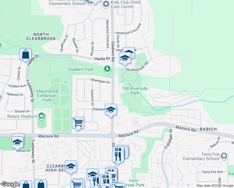 map of restaurants, bars, coffee shops, grocery stores, and more near 3384 Gladwin Road in Abbotsford