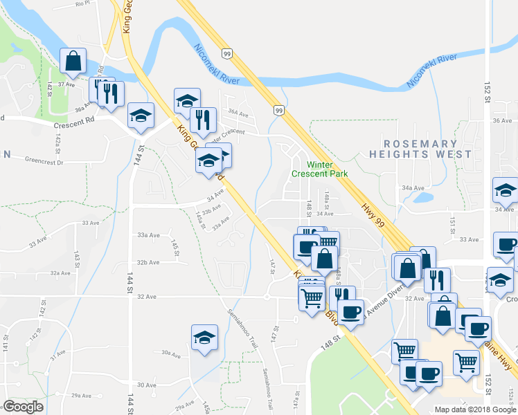 map of restaurants, bars, coffee shops, grocery stores, and more near 14033 34A Avenue in Surrey
