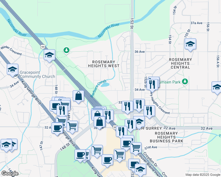 map of restaurants, bars, coffee shops, grocery stores, and more near 15091 34 Avenue in Surrey