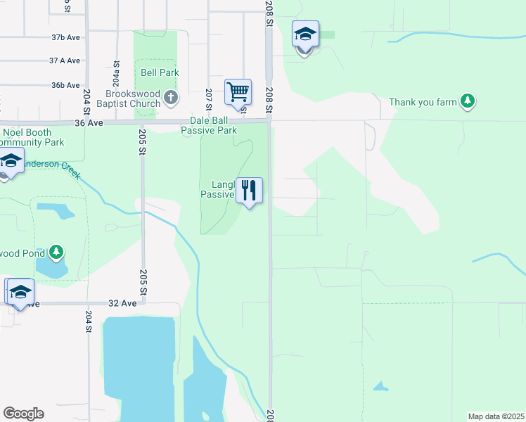 map of restaurants, bars, coffee shops, grocery stores, and more near 4297 208 Street in Langley
