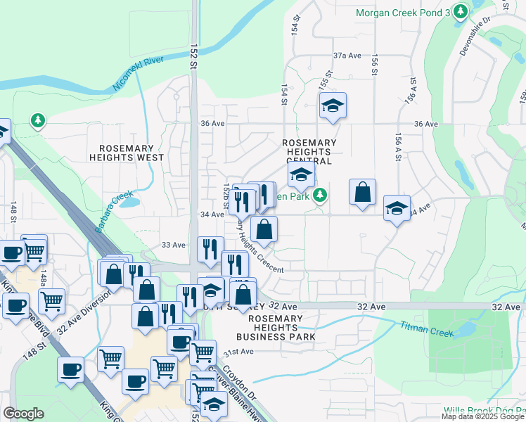 map of restaurants, bars, coffee shops, grocery stores, and more near 15337 34 Avenue in Surrey