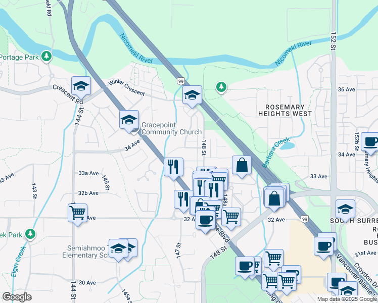 map of restaurants, bars, coffee shops, grocery stores, and more near 14758 34A Avenue in Surrey