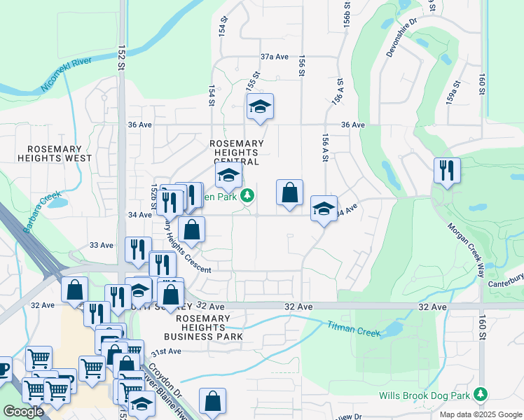 map of restaurants, bars, coffee shops, grocery stores, and more near 3412 155 Street in Surrey