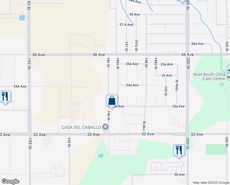 map of restaurants, bars, coffee shops, grocery stores, and more near 3387 196A Street in Langley