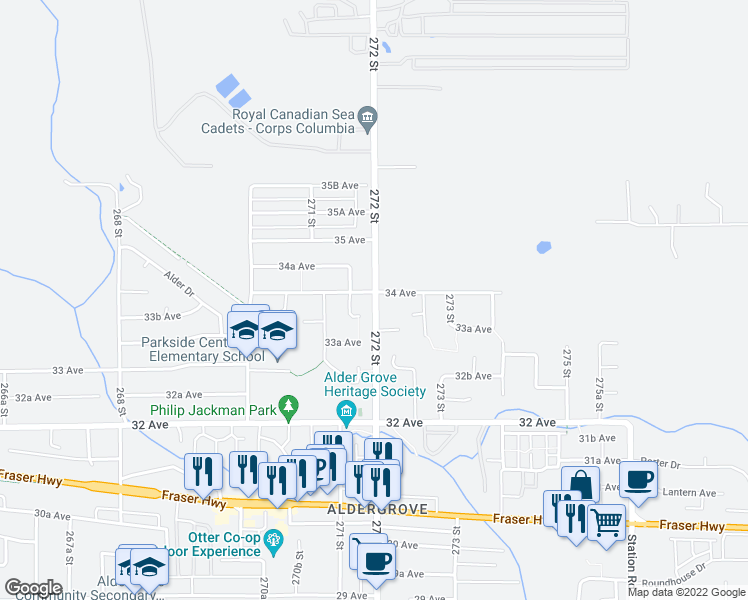 map of restaurants, bars, coffee shops, grocery stores, and more near 27192 34 Avenue in Langley