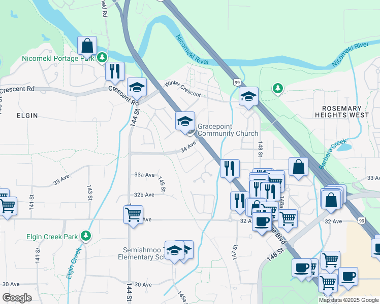 map of restaurants, bars, coffee shops, grocery stores, and more near 14579 33B Avenue in Surrey