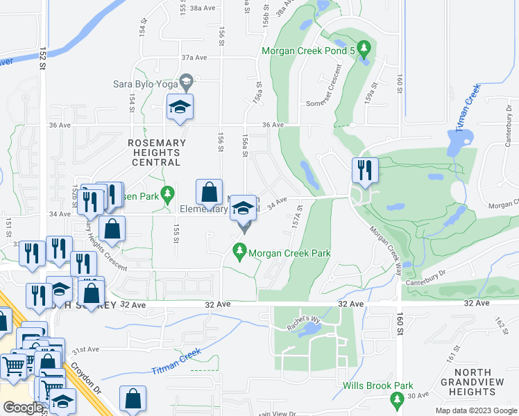 map of restaurants, bars, coffee shops, grocery stores, and more near 15648 34 Avenue in Surrey