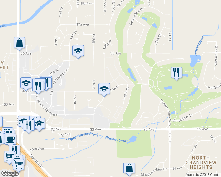 map of restaurants, bars, coffee shops, grocery stores, and more near 15648 34 Avenue in Surrey