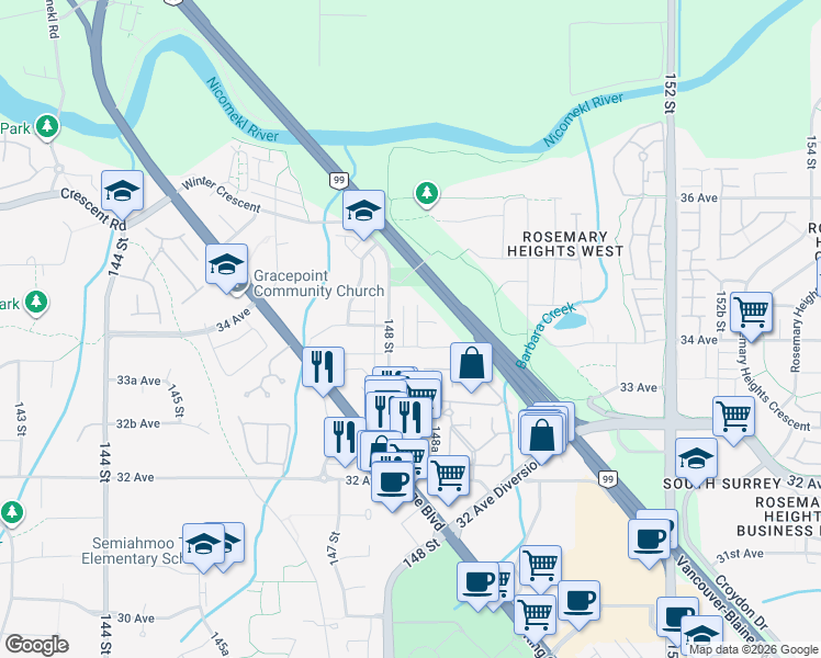 map of restaurants, bars, coffee shops, grocery stores, and more near 3433 148A Street in Surrey
