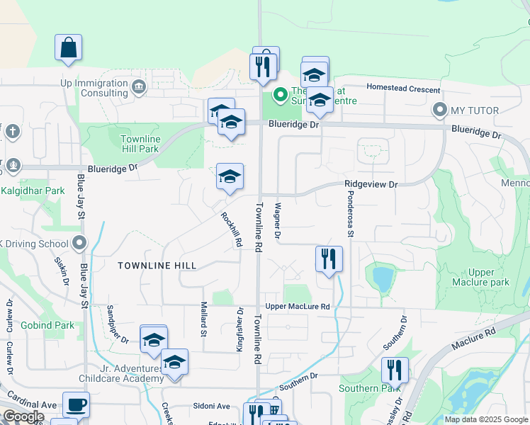 map of restaurants, bars, coffee shops, grocery stores, and more near 3364 Townline Road in Abbotsford