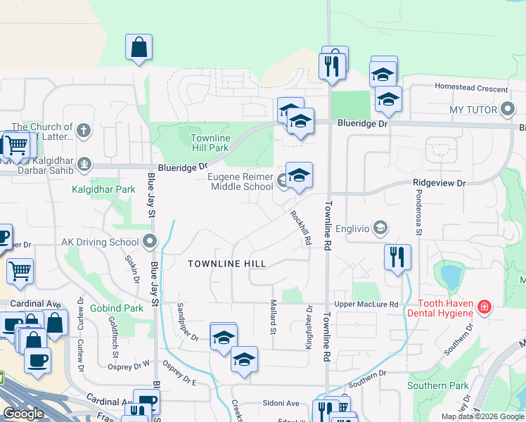 map of restaurants, bars, coffee shops, grocery stores, and more near Headwater Place in Abbotsford