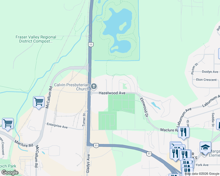 map of restaurants, bars, coffee shops, grocery stores, and more near 3423 Hazelwood Place in Abbotsford
