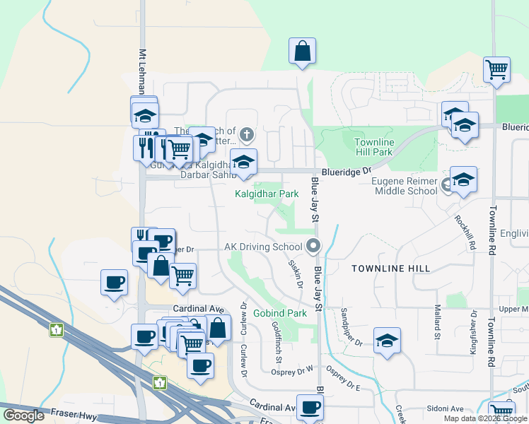 map of restaurants, bars, coffee shops, grocery stores, and more near 3403 Nightingale Drive in Abbotsford
