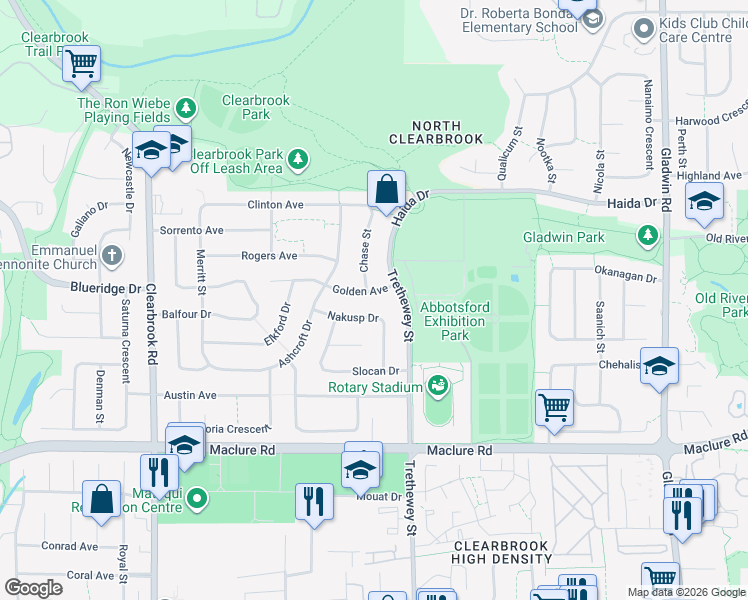 map of restaurants, bars, coffee shops, grocery stores, and more near 32350 Golden Avenue in Abbotsford