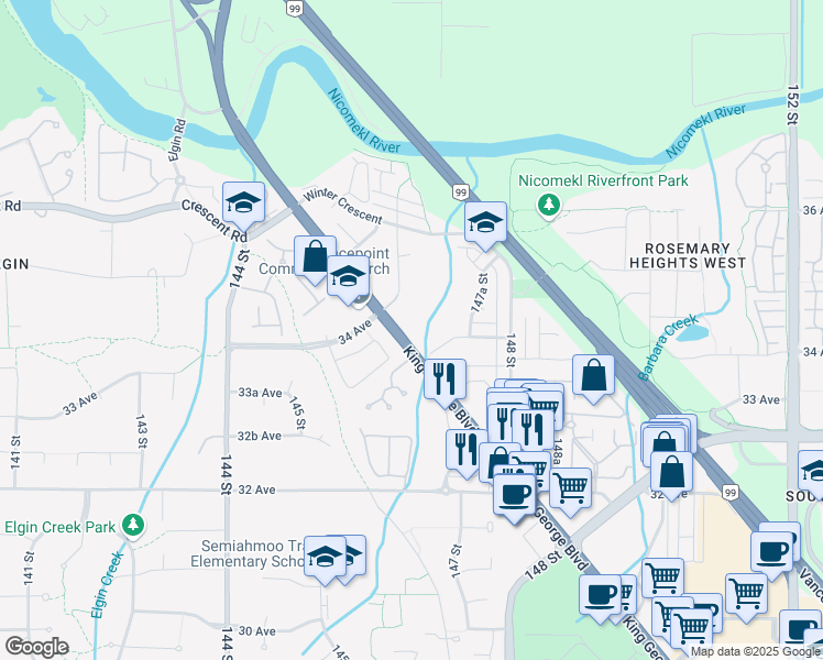map of restaurants, bars, coffee shops, grocery stores, and more near 3418 King George Hwy in Surrey