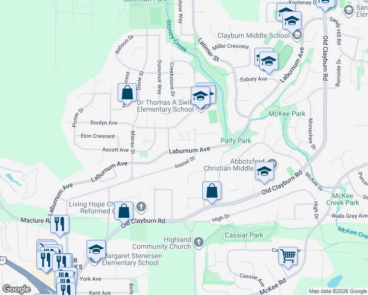 map of restaurants, bars, coffee shops, grocery stores, and more near 34771 Laburnum Avenue in Abbotsford