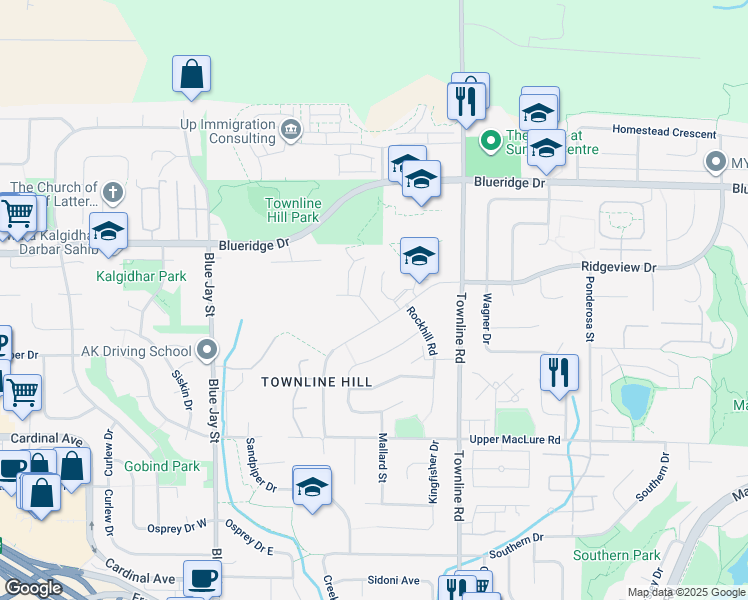map of restaurants, bars, coffee shops, grocery stores, and more near 3412 Headwater Place in Abbotsford