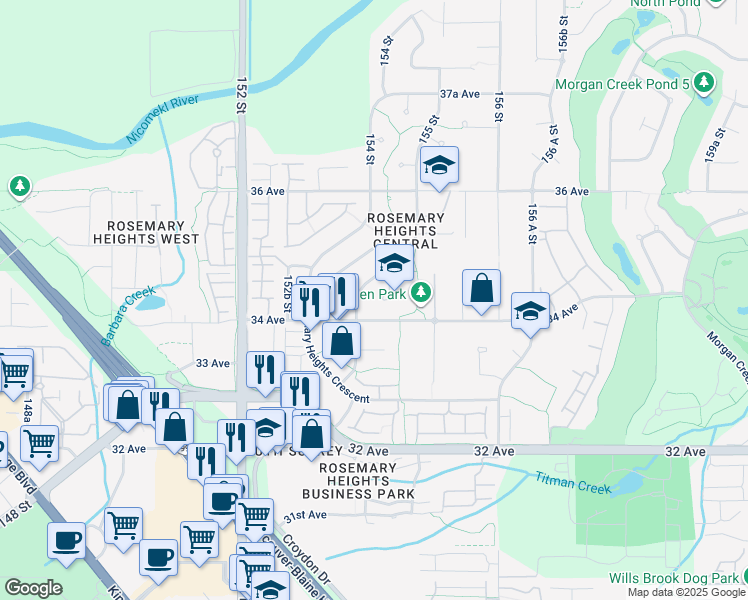 map of restaurants, bars, coffee shops, grocery stores, and more near 3443 154A Street in Surrey
