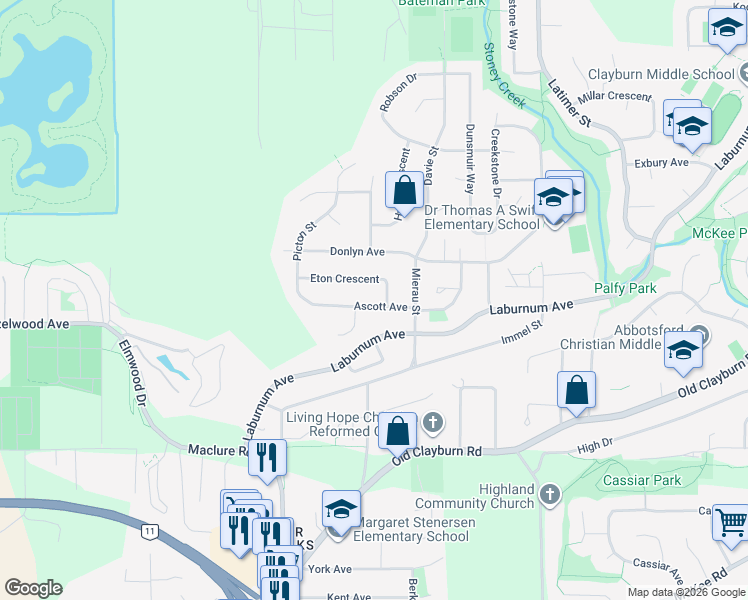 map of restaurants, bars, coffee shops, grocery stores, and more near 34539 Ascott Avenue in Abbotsford