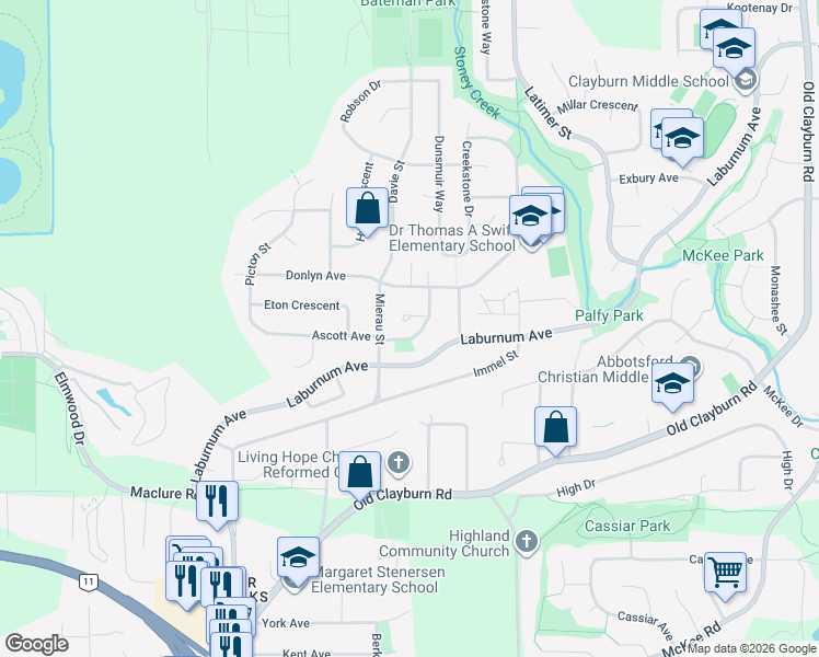 map of restaurants, bars, coffee shops, grocery stores, and more near 34629 Ascott Avenue in Abbotsford