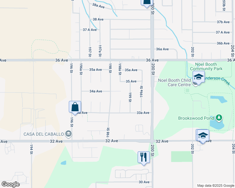 map of restaurants, bars, coffee shops, grocery stores, and more near 19840 34A Avenue in Langley