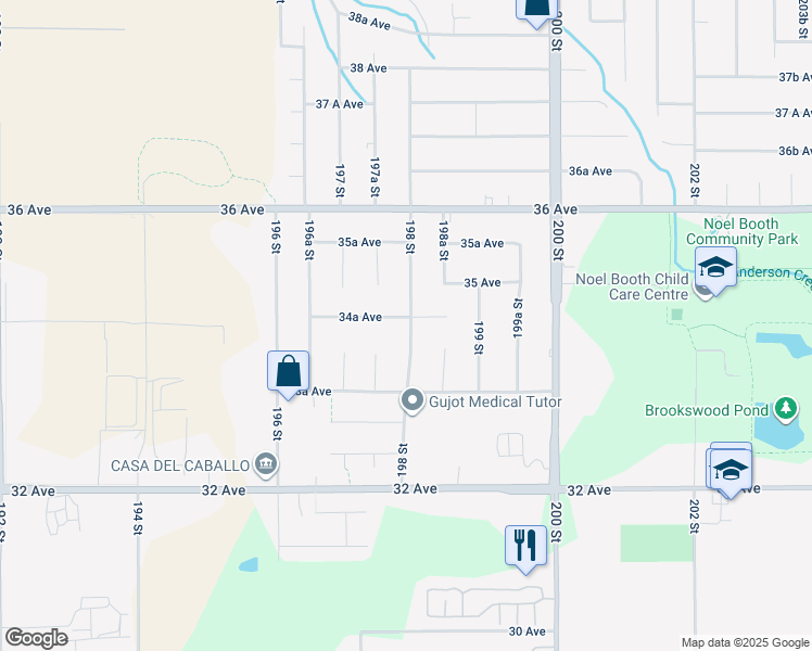 map of restaurants, bars, coffee shops, grocery stores, and more near 19798 34A Avenue in Langley