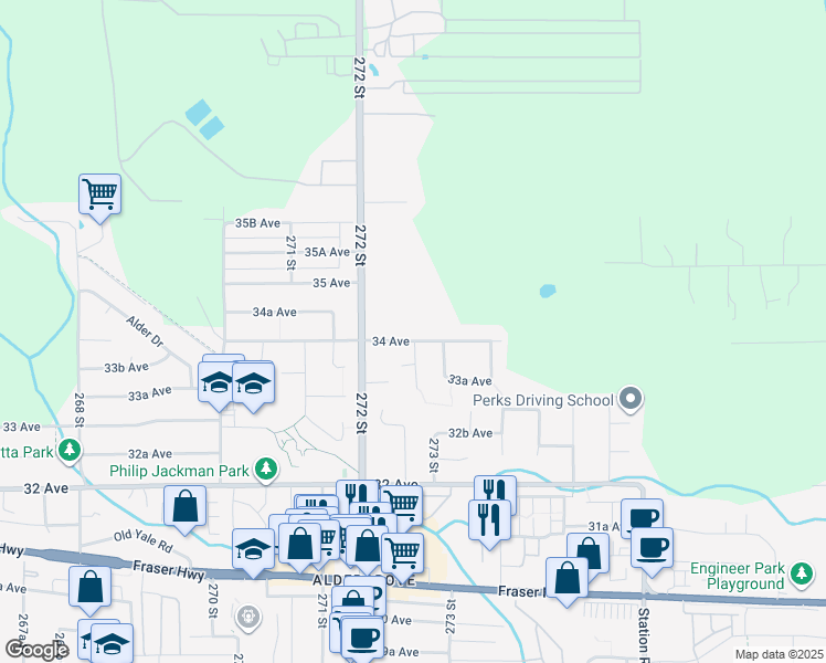 map of restaurants, bars, coffee shops, grocery stores, and more near 27269 34 Avenue in Langley Township