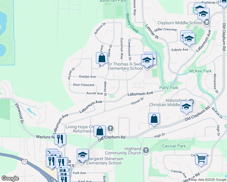 map of restaurants, bars, coffee shops, grocery stores, and more near 34629 Ascott Avenue in Abbotsford