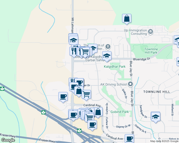 map of restaurants, bars, coffee shops, grocery stores, and more near 30501 Robin Drive in Abbotsford