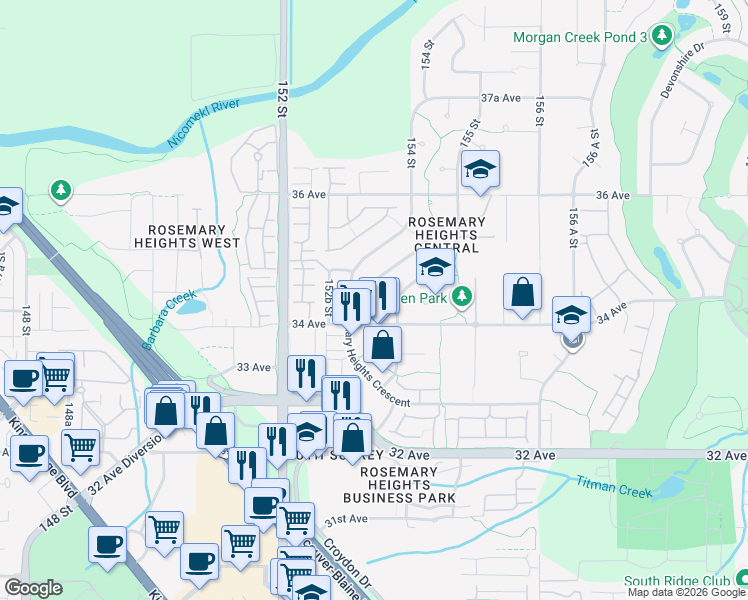 map of restaurants, bars, coffee shops, grocery stores, and more near 15430 34A Avenue in Surrey