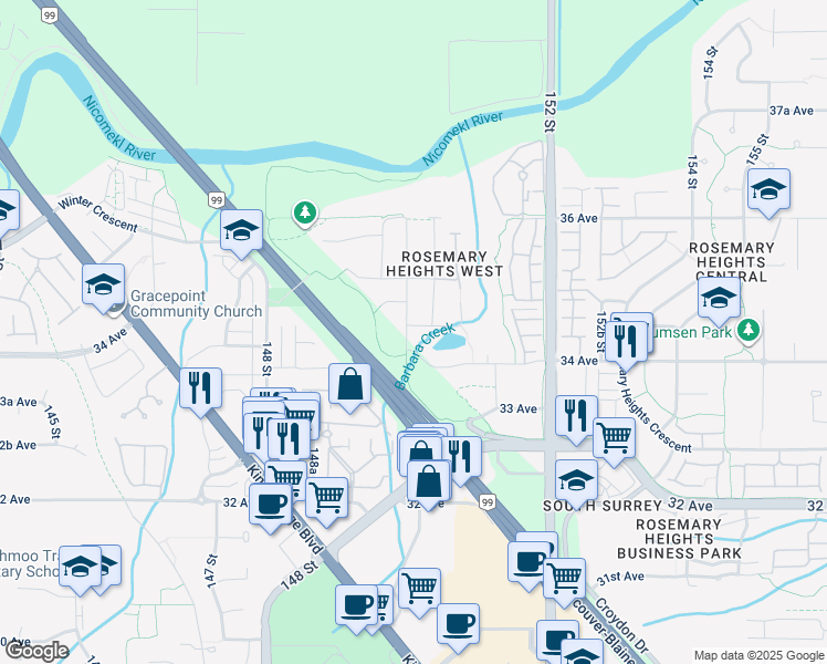 map of restaurants, bars, coffee shops, grocery stores, and more near 3438 150 Street in Surrey