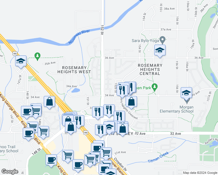 map of restaurants, bars, coffee shops, grocery stores, and more near 15233 34 Avenue in Surrey