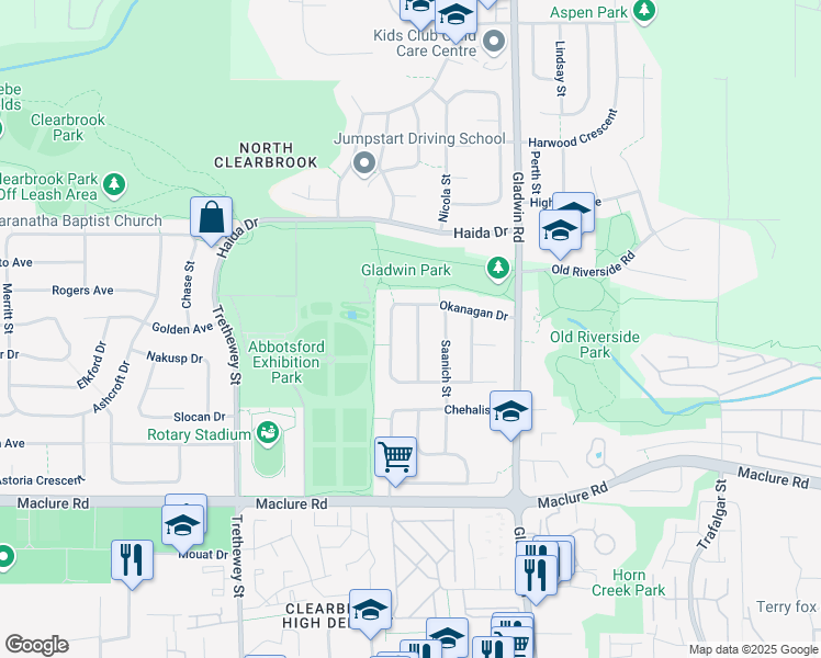 map of restaurants, bars, coffee shops, grocery stores, and more near 3441 Sechelt Terrace in Abbotsford