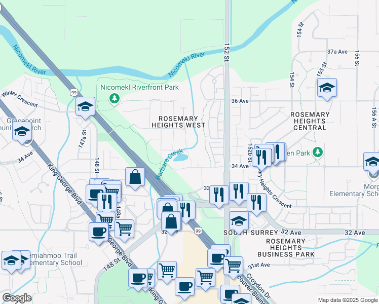 map of restaurants, bars, coffee shops, grocery stores, and more near 3428 150B Street in Surrey