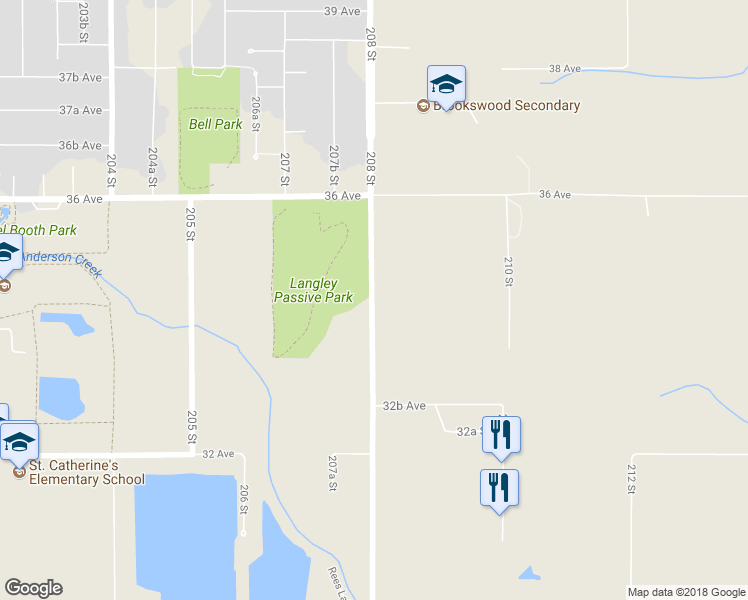 map of restaurants, bars, coffee shops, grocery stores, and more near 3430 Berry Road in Langley