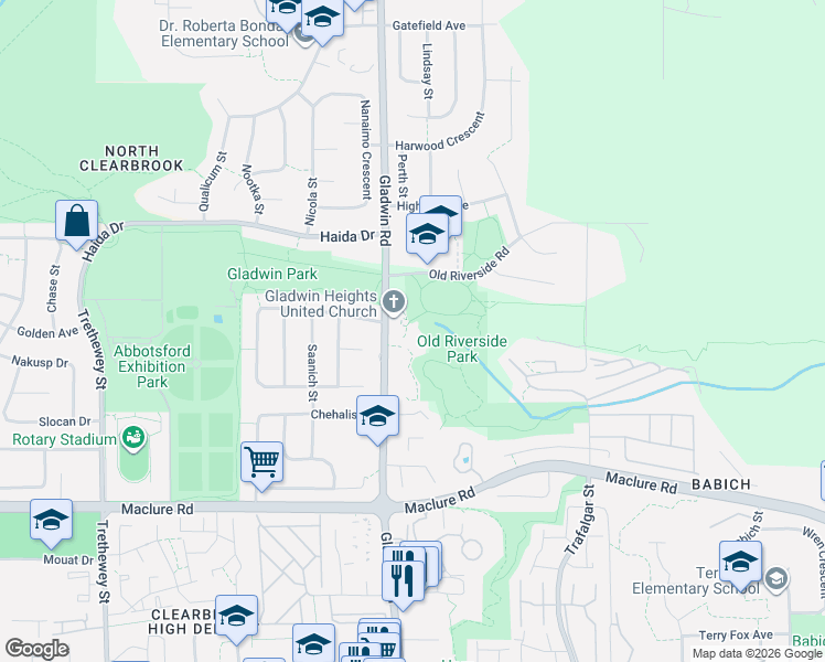 map of restaurants, bars, coffee shops, grocery stores, and more near 32880 Old Riverside Road in Abbotsford