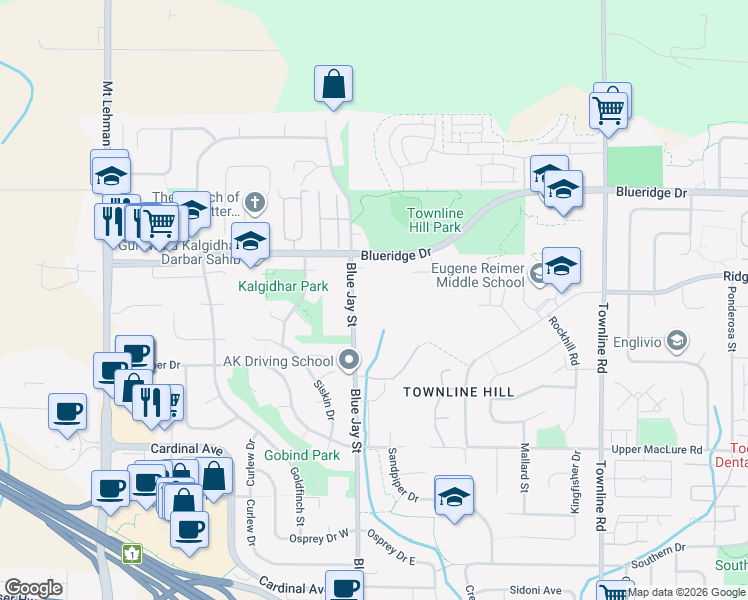 map of restaurants, bars, coffee shops, grocery stores, and more near 3444 Blue Jay Street in Abbotsford
