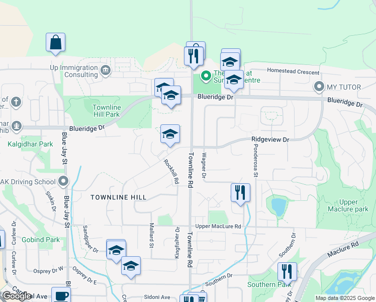 map of restaurants, bars, coffee shops, grocery stores, and more near 31198 Firhill Drive in Abbotsford
