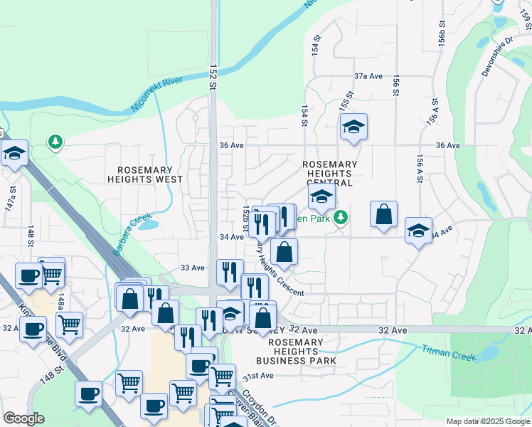 map of restaurants, bars, coffee shops, grocery stores, and more near 3458 Rosemary Heights Crescent in Surrey