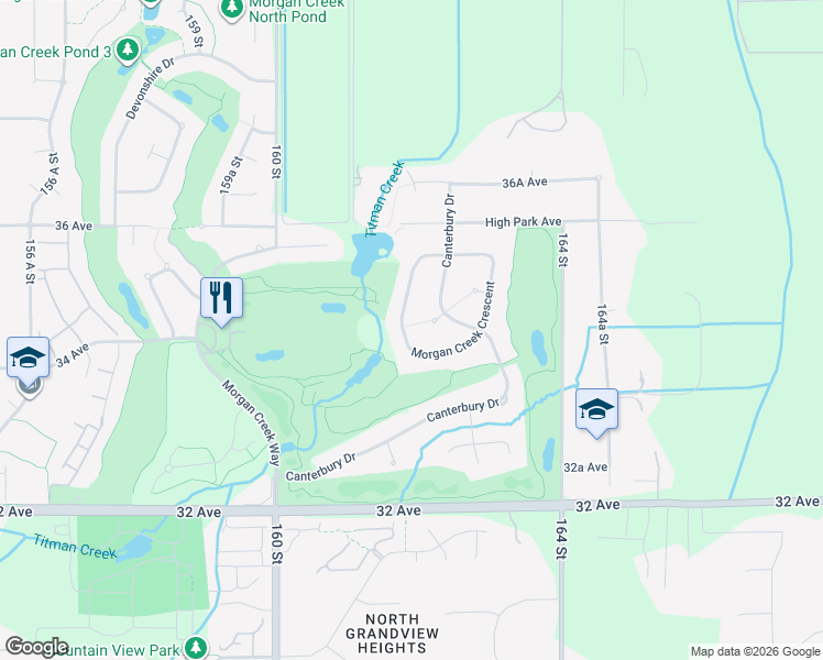 map of restaurants, bars, coffee shops, grocery stores, and more near 16128 Morgan Creek Crescent in Surrey