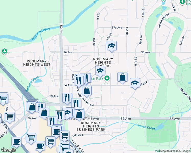 map of restaurants, bars, coffee shops, grocery stores, and more near 3464 Rosemary Heights Drive in Surrey